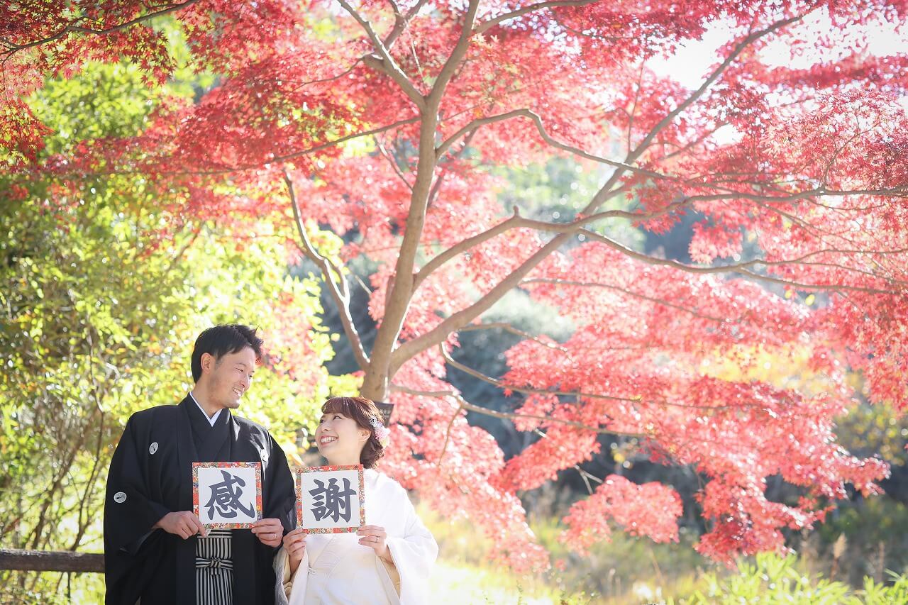 真っ赤に色づく紅葉で前撮り撮影