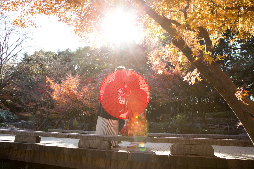 紅葉のキレイな背景で和傘を持って撮影してる夫婦
