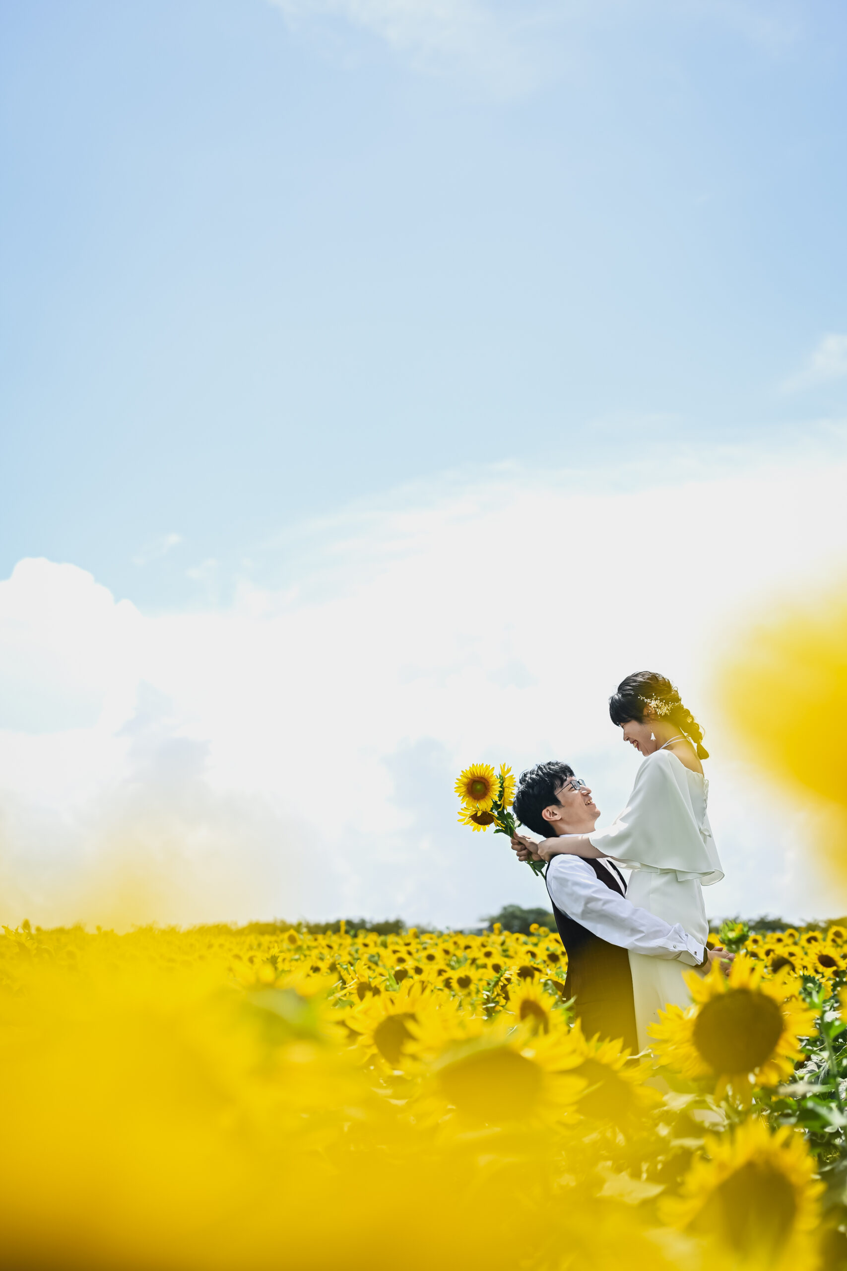 花ひろばでのフォトウェディングのサンセットハイライトショット