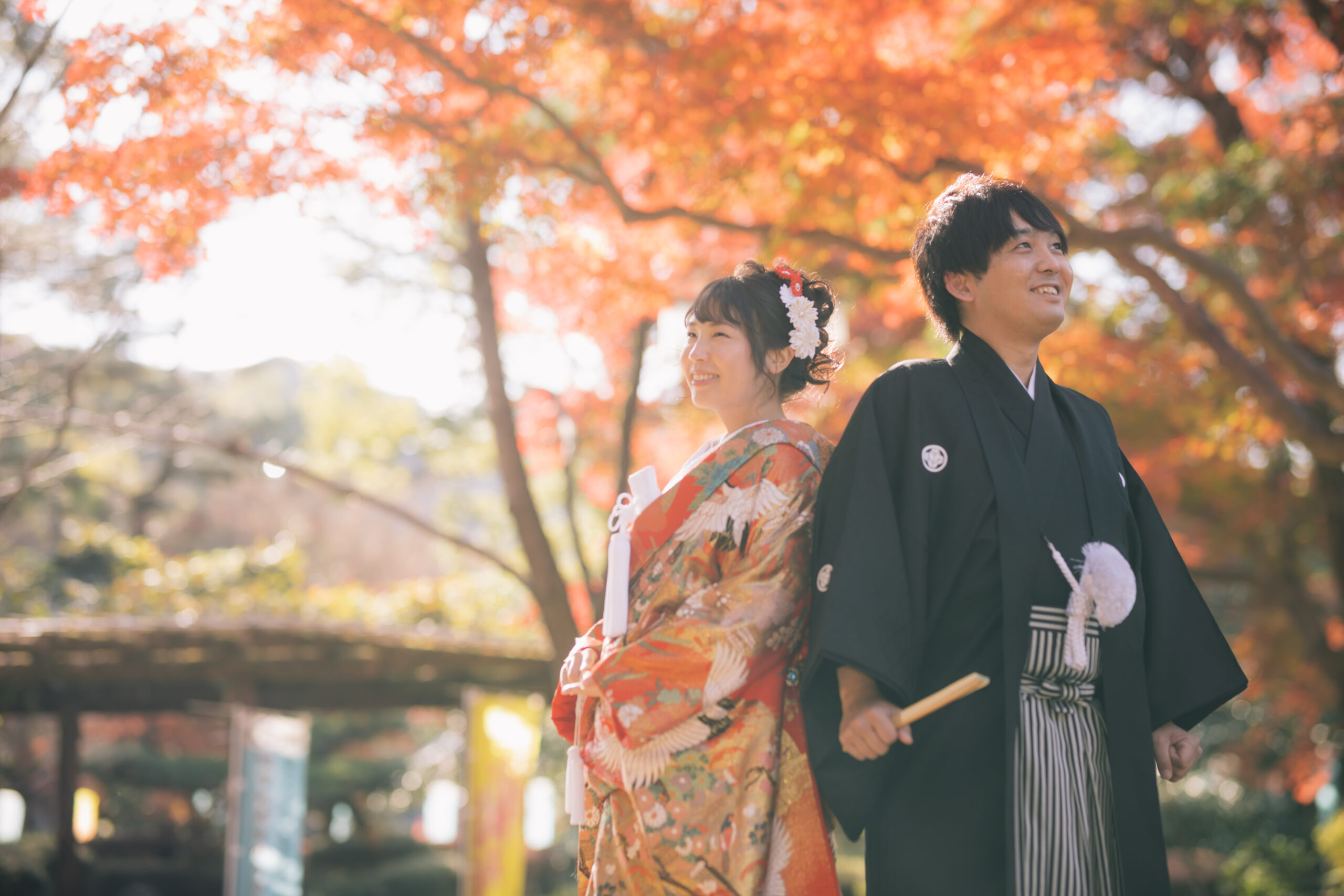 木漏れ日が差し込む紅葉のトンネル