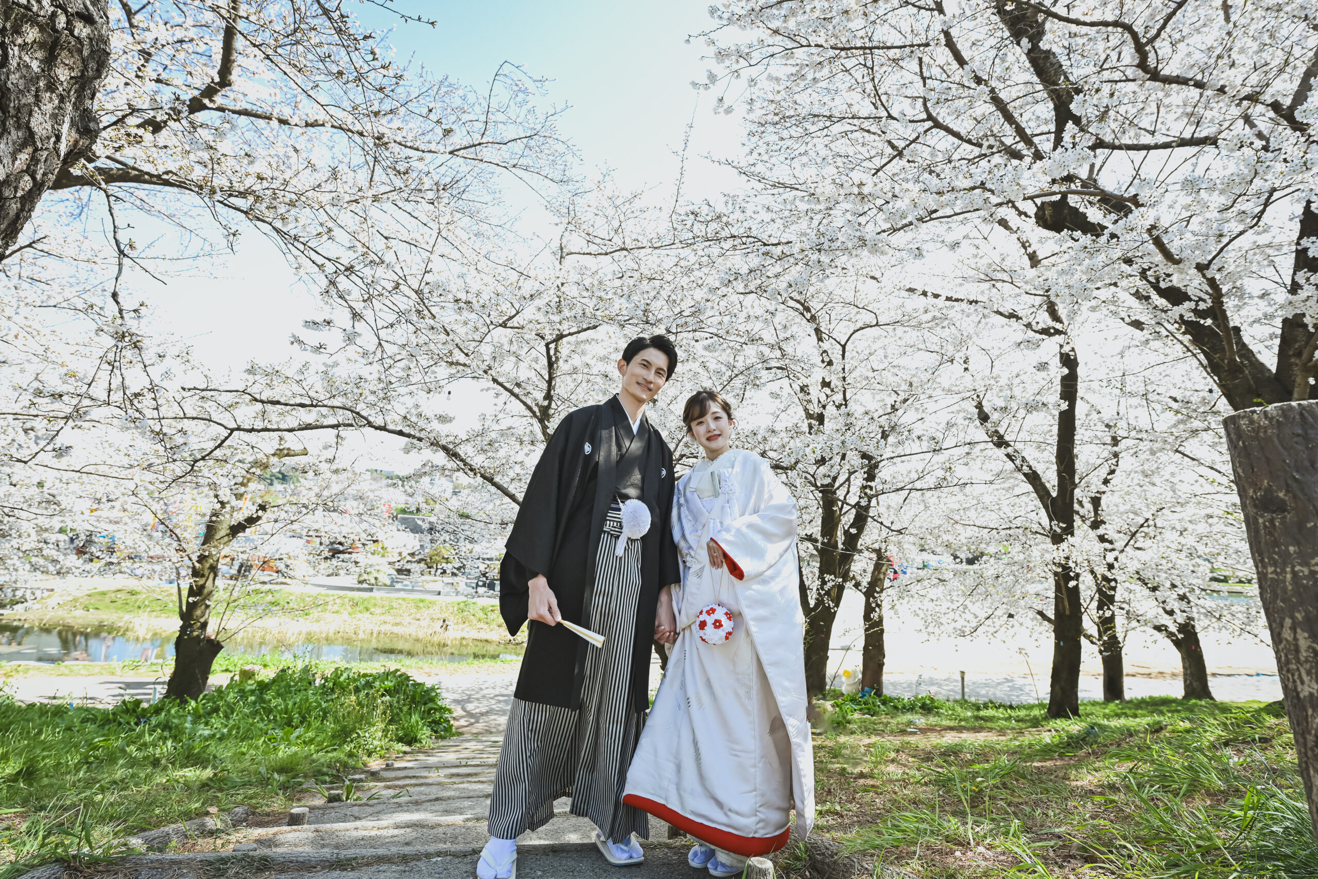 満開の桜と岡崎城天守閣を背景にした和装前撮り写真