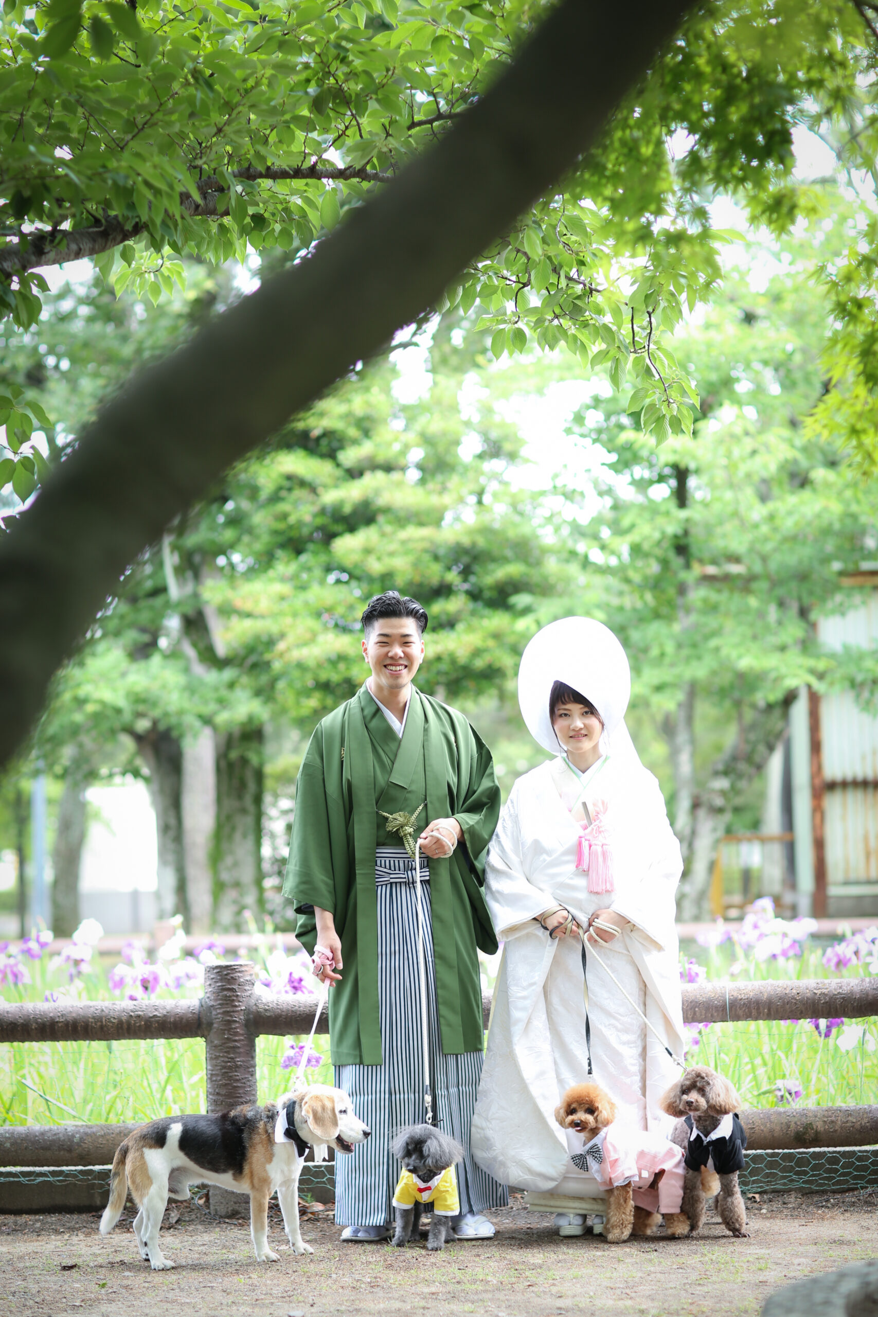 九華公園の木漏れ日が差し込む遊歩道を歩く和装カップルの前撮り写真