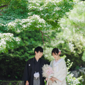 新緑のもみじの下でピンクのブーケを見つめる白い色打掛の花嫁と黒紋付袴の新郎。白鳥庭園で撮る和装前撮り